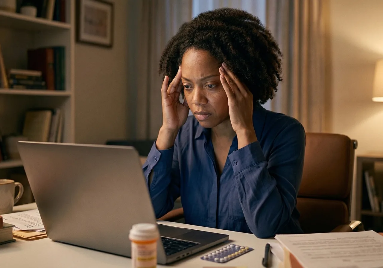 Getting Pregnant on Ozempic: A woman sits at a desk rubbing her temples in frustration, a small pill organizer resting.