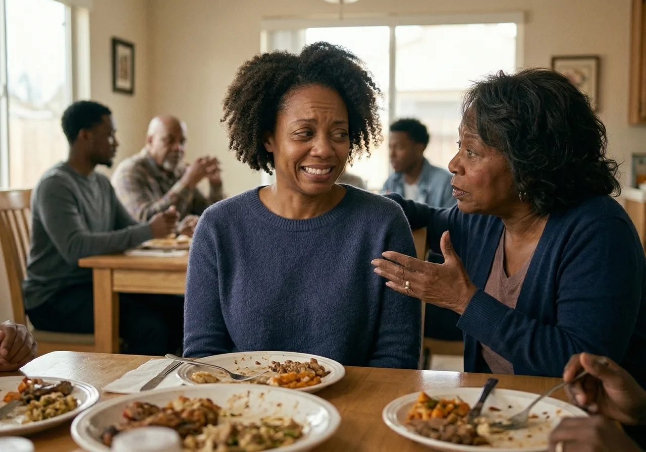 Getting Pregnant on Ozempic: A woman at a restaurant booth forces a tight smile while listening to someone sitting across.