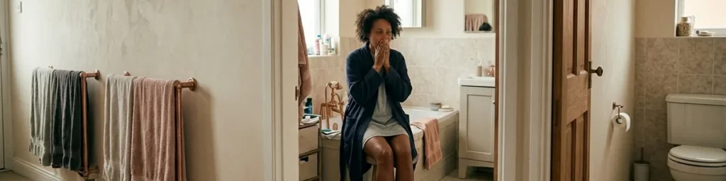 Getting Pregnant on Ozempic: A Black woman in her late 40s sits on the edge of her bed in the morning, looking down with.