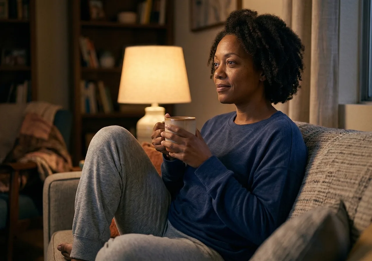 Getting Pregnant on Ozempic: A woman sits on her living room sofa in the evening, writing in a notebook with a calm.
