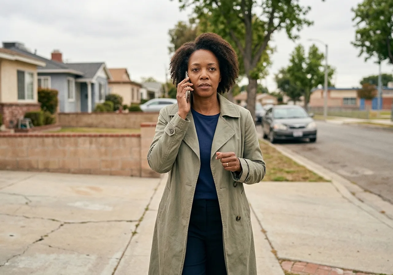 Getting Pregnant on Ozempic: A woman walks down a neighborhood sidewalk wearing headphones and a light jacket, looking.