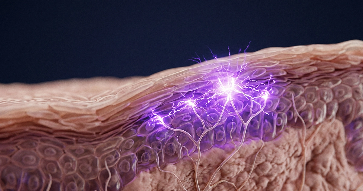Microscopic cross-section of the skin showing hyper-active nerve endings, representing rare neurological GLP-1 side effects.