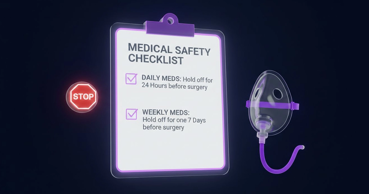 Safety warning graphic for GLP-1 vs bariatric surgery anesthesia protocols.