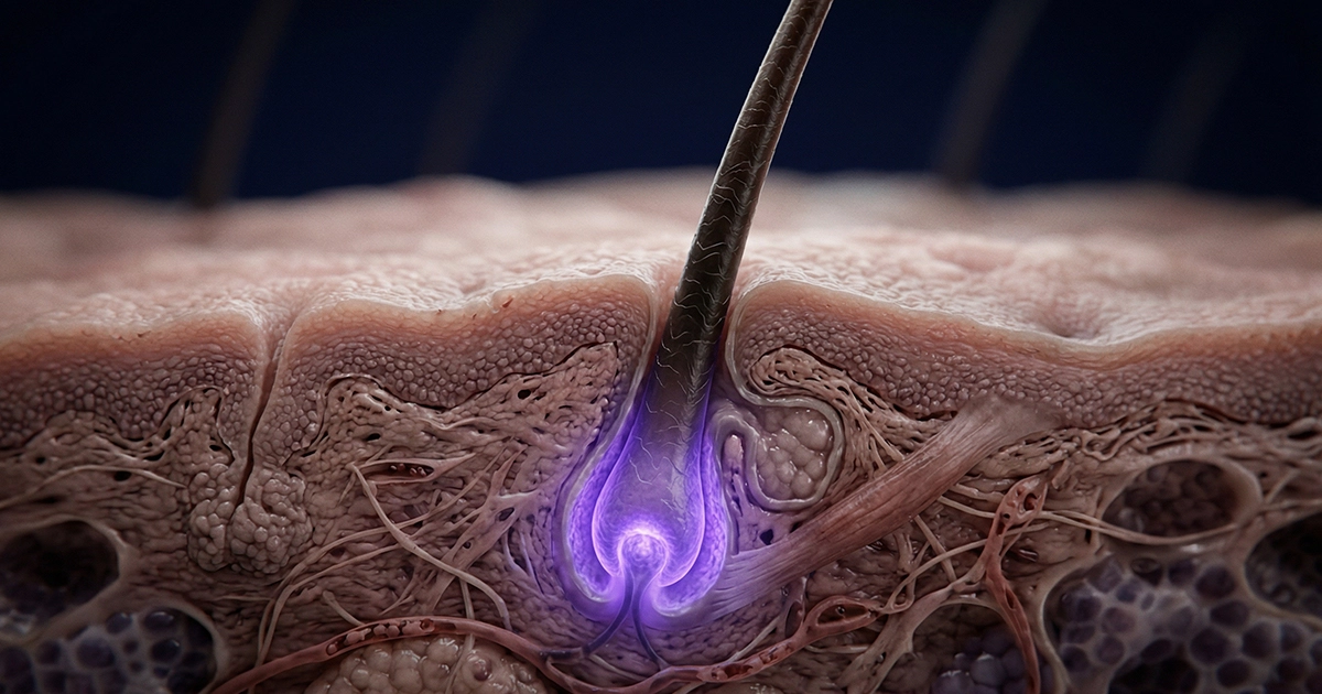 Microscopic view of a hair follicle illustrating Telogen Effluvium, one of the systemic GLP-1 side effects.