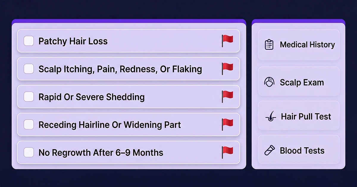 Graphic summarizing the red flags that should prompt medical evaluation for hair loss during GLP-1 treatment.