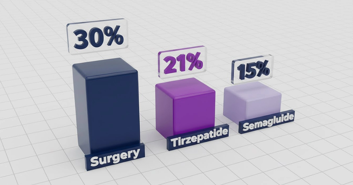 Bar chart showing percentage efficacy data for GLP-1 vs bariatric surgery.