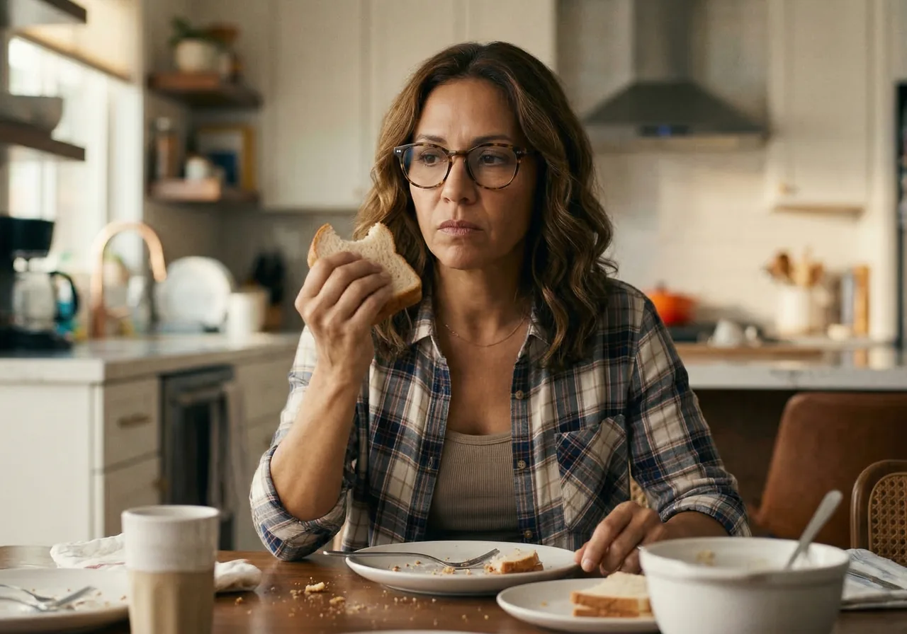 glp 1 wasting food guilt: A woman stops herself from taking a bite of a half-eaten sandwich while clearing the table.