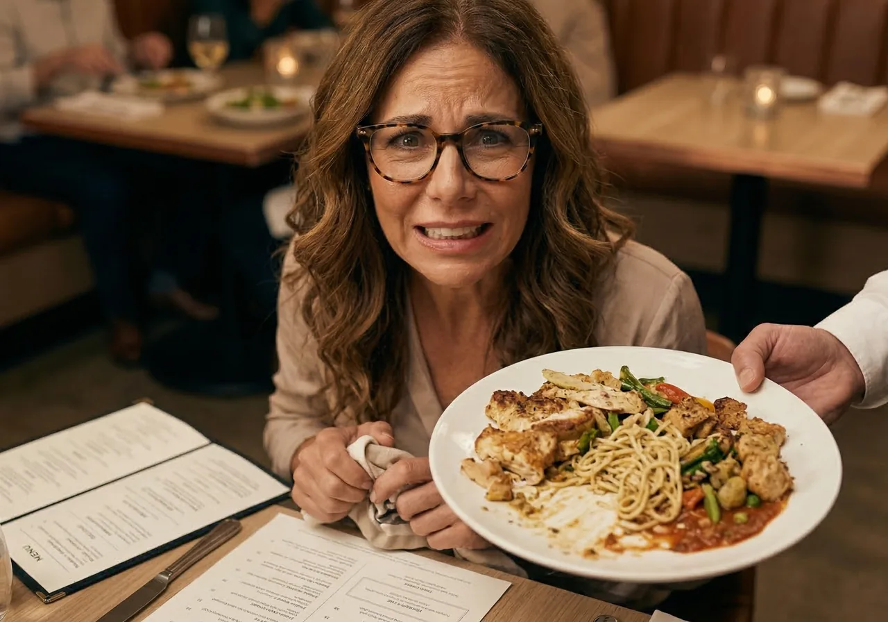 glp 1 wasting food guilt: A woman smiles apologetically as a waiter clears her mostly full plate at a restaurant.