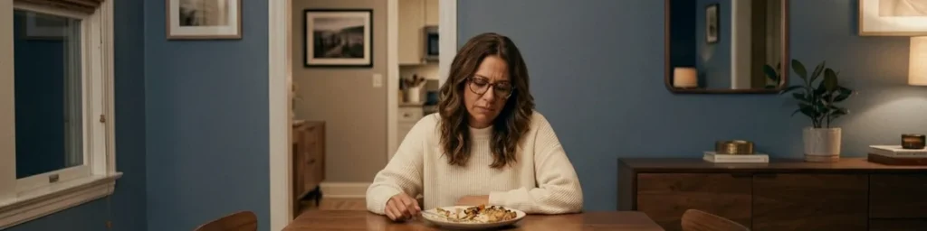 glp 1 wasting food guilt: A woman sits at a dining table looking conflicted at a half-eaten plate of food.