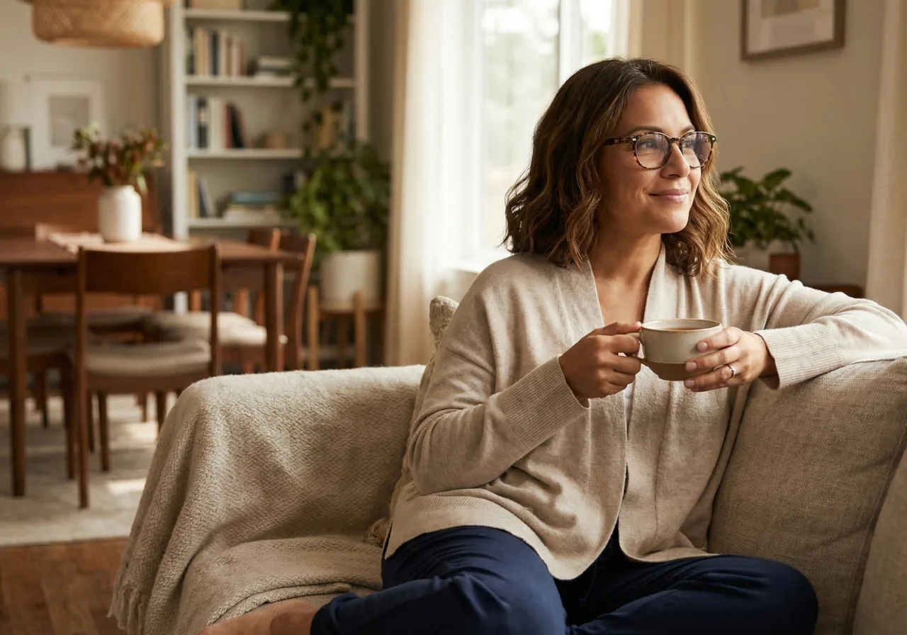 glp 1 wasting food guilt: A woman relaxes on a sofa with a cup of tea, looking peaceful.