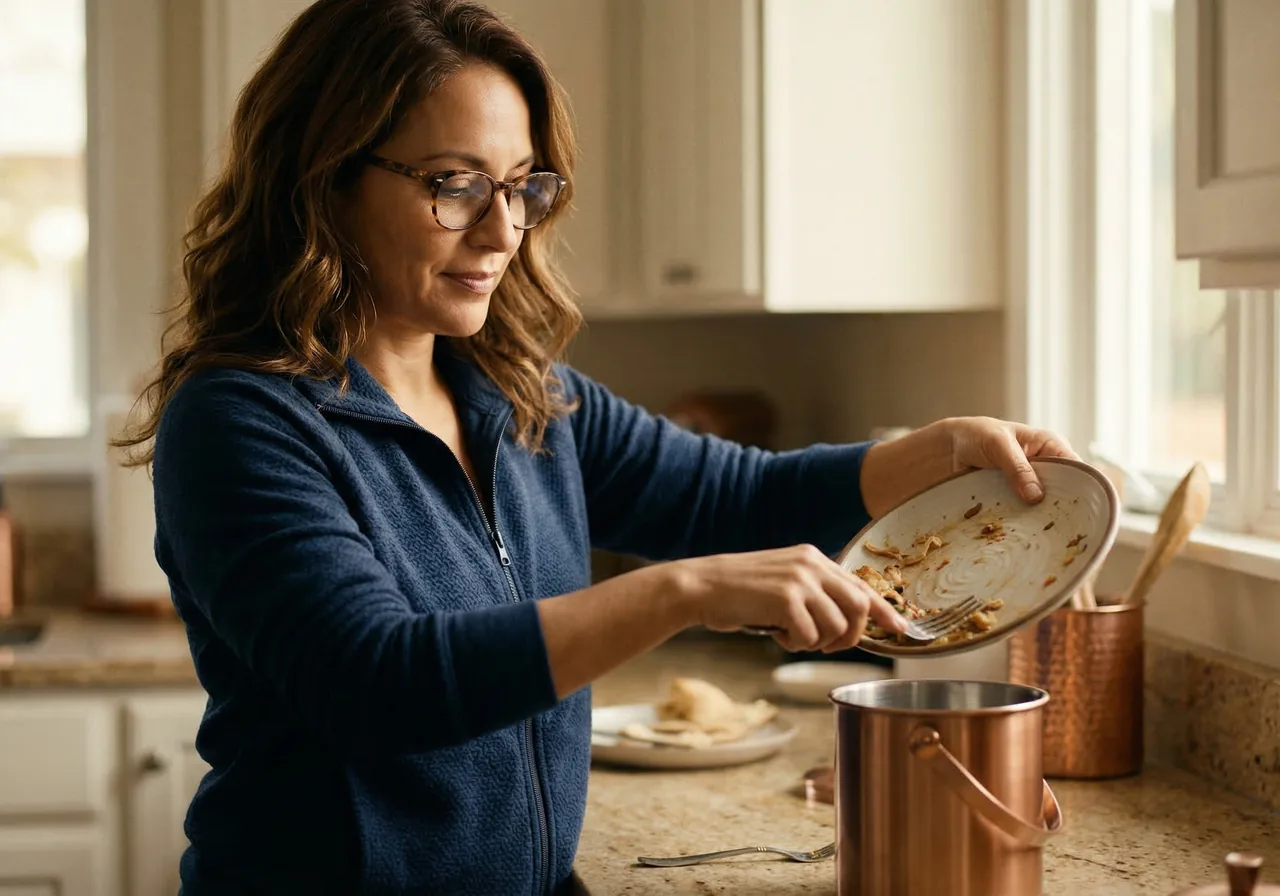 glp 1 wasting food guilt: A woman looks relieved as she scrapes leftovers into a compost bin.