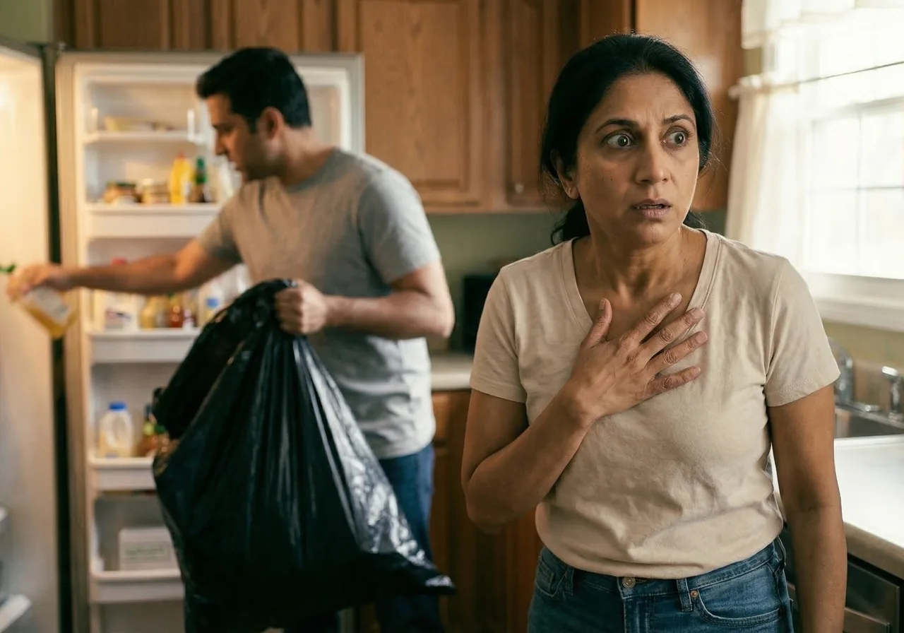 hiding Zepbound pens in the fridge: A woman looks alarmed in the foreground while her partner cleans out the refrigerator in.