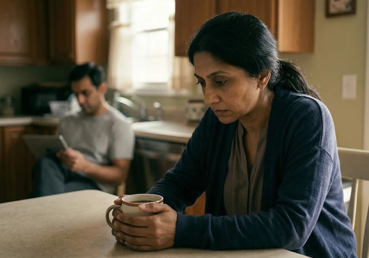 hiding Zepbound pens in the fridge: A woman sits at a kitchen table looking burdened and lost in thought, while her husband sits.