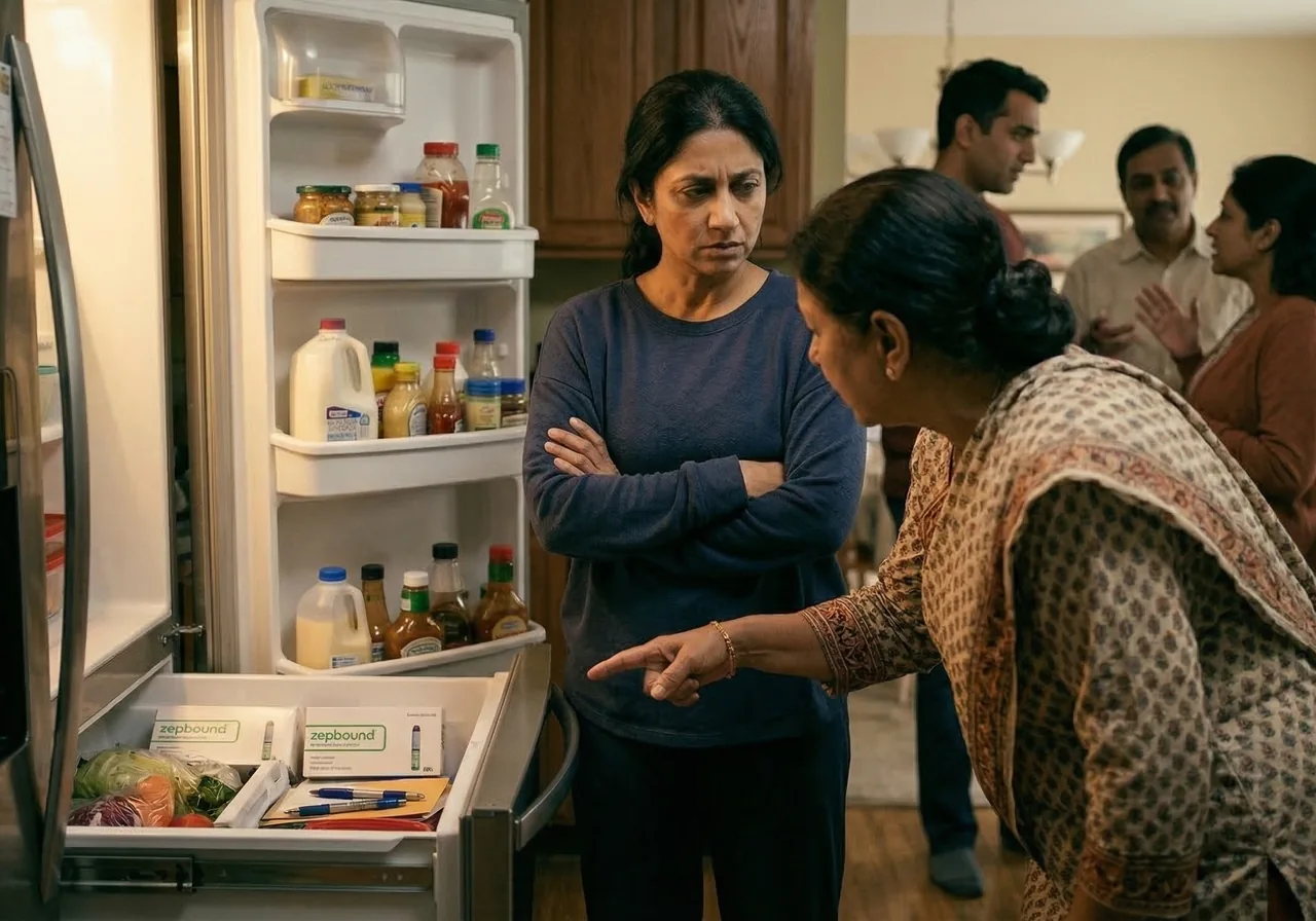 hiding Zepbound pens in the fridge: A woman stands tensely with crossed arms while a visiting relative looks critically into her.