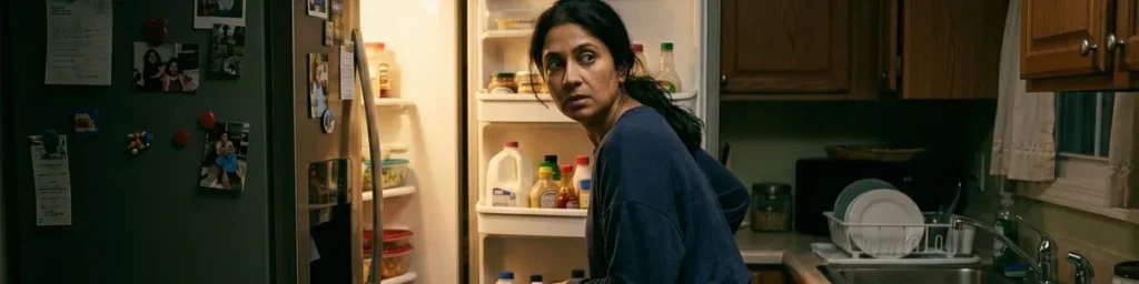 hiding Zepbound pens in fridge: A woman looks cautiously over her shoulder while standing in front of an open refrigerator.