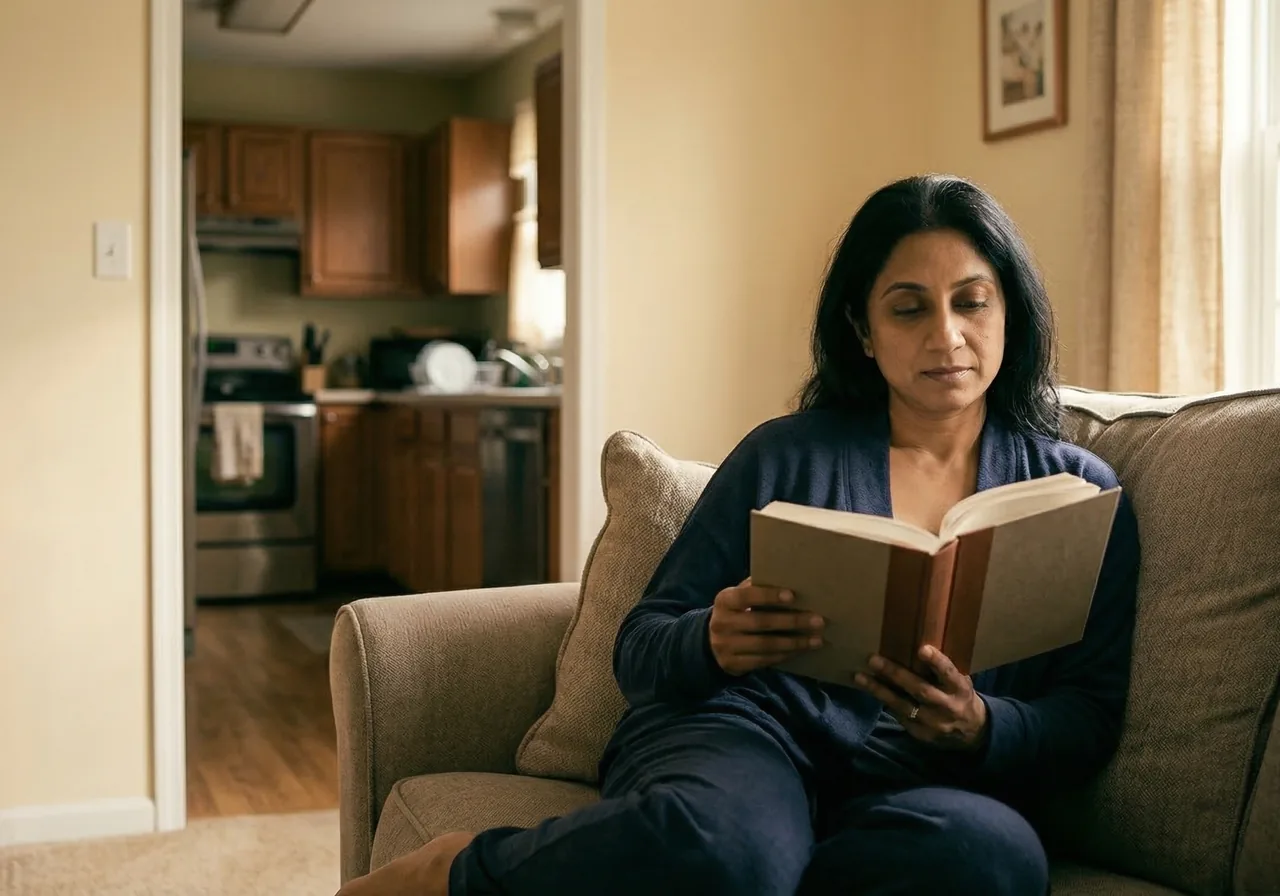 hiding Zepbound pens in the fridge: A woman sits comfortably on her sofa reading a book, looking relaxed and at peace in her.