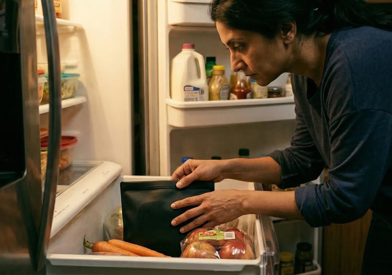 hiding Zepbound pens in the fridge: A woman's hands carefully place a dark, opaque silicone bag into the back of a refrigerator.
