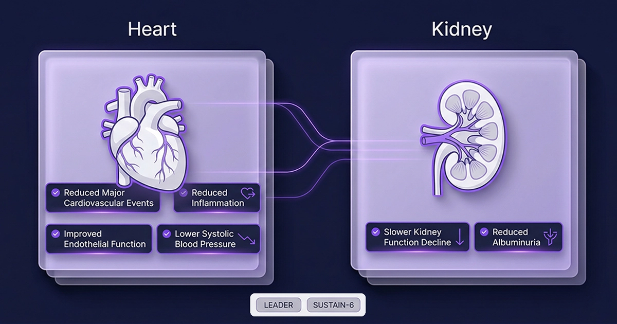 Medical diagram showing how GLP-1 works beyond blood sugar and weight by supporting heart and kidney health.