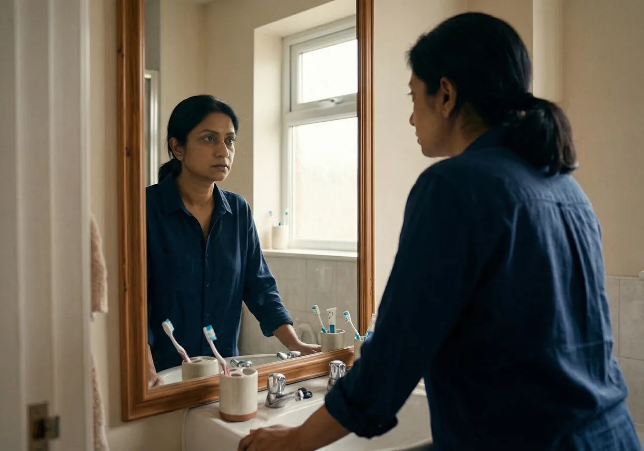 Mounjaro goal weight now what: A woman looks critically at her reflection in a bathroom mirror.