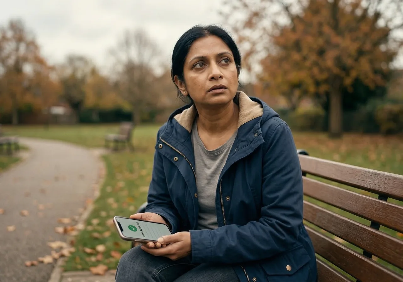 Mounjaro goal weight now what: A woman sits on a park bench holding a smartphone, looking up with a confused expression.