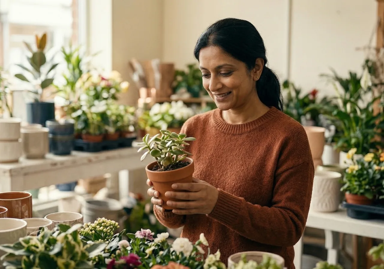 Mounjaro goal weight now what: A woman smiles gently while looking at a small potted plant in a nursery.