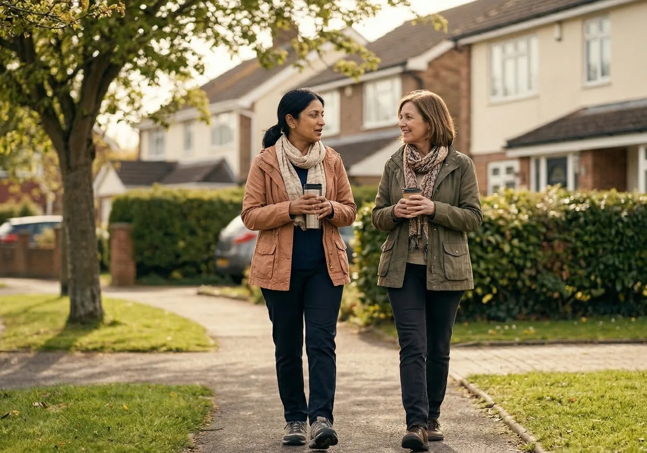 Mounjaro goal weight now what: Two women walk down a sidewalk together, engaged in a serious but supportive conversation.