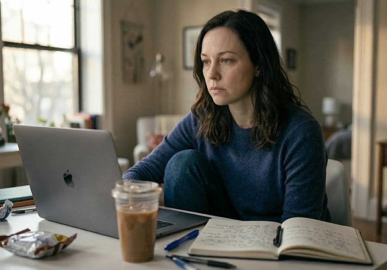 A woman looking at a plate and leftovers while deciding whether to stop eating when she is already done.