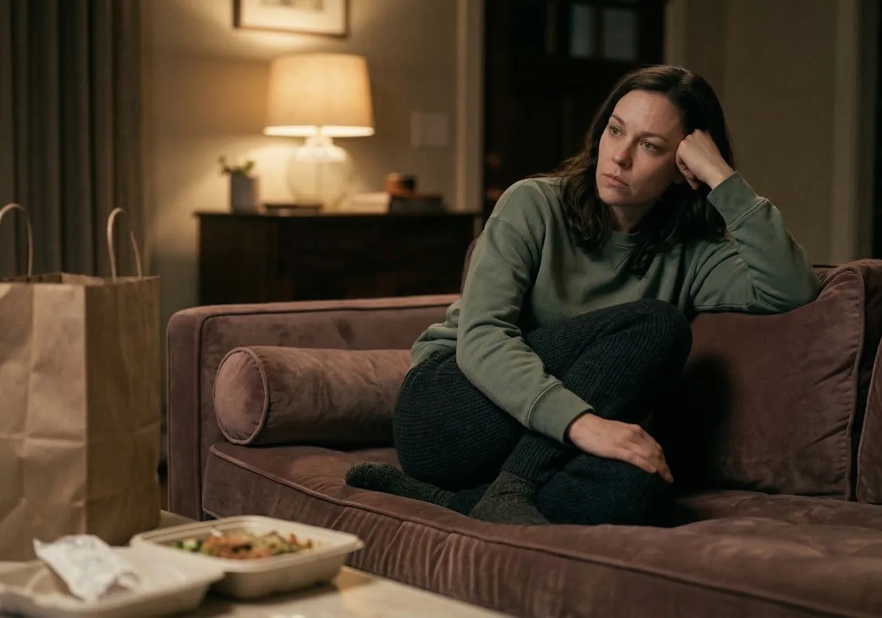 A woman sitting at a restaurant table deciding how to handle a portion that is larger than she wants.