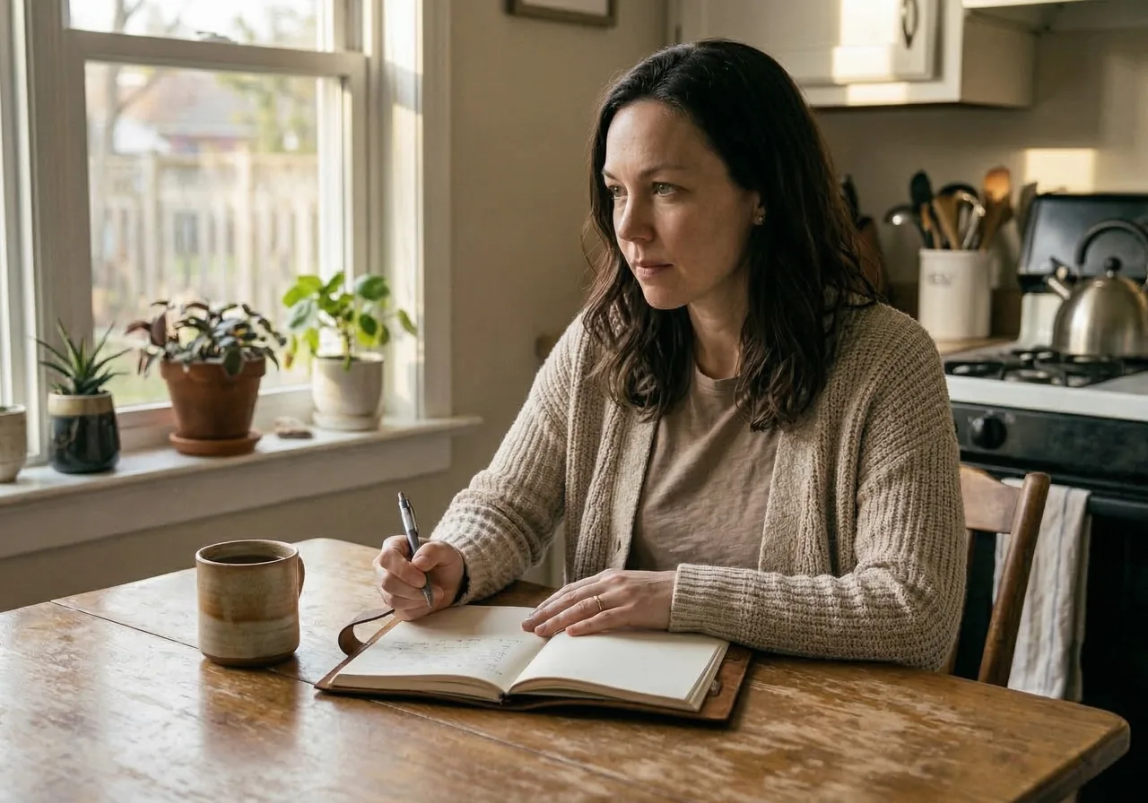 A woman starting a smaller, simpler meal routine at home with less food on the table.