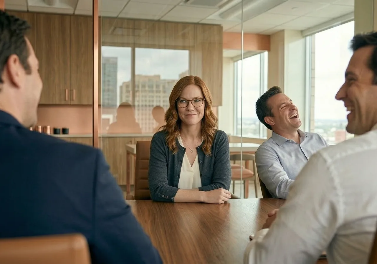 Ozempic comments at work: A woman sits at a conference table with a neutral expression while two male coworkers laugh.