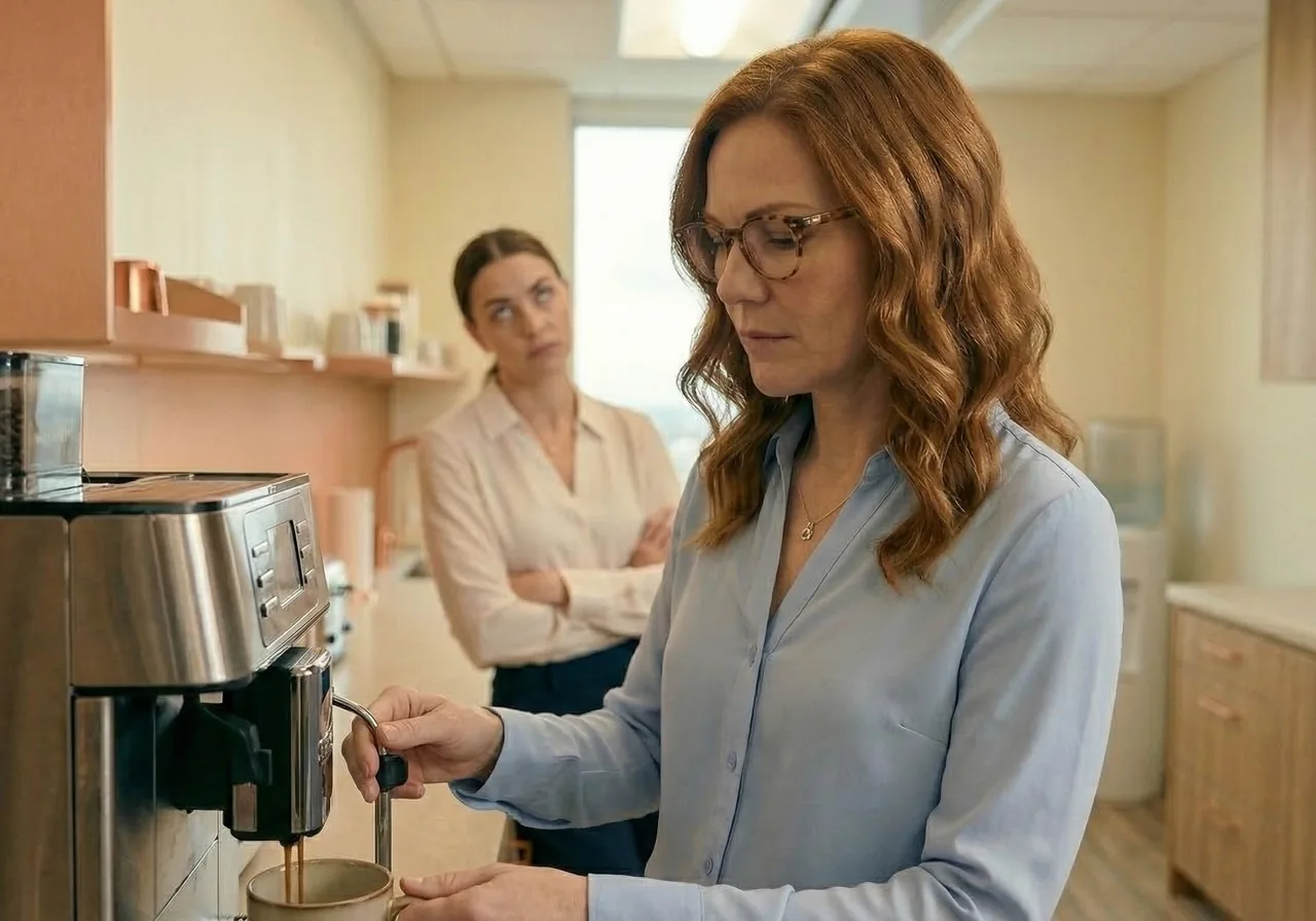 Ozempic comments at work: A woman pours coffee in an office kitchenette while a coworker in the background rolls her eyes.