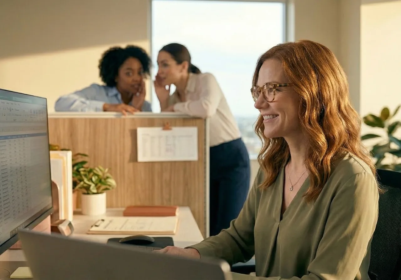 Ozempic comments at work: A woman smiles at her computer screen, ignoring a coworker talking in the background.