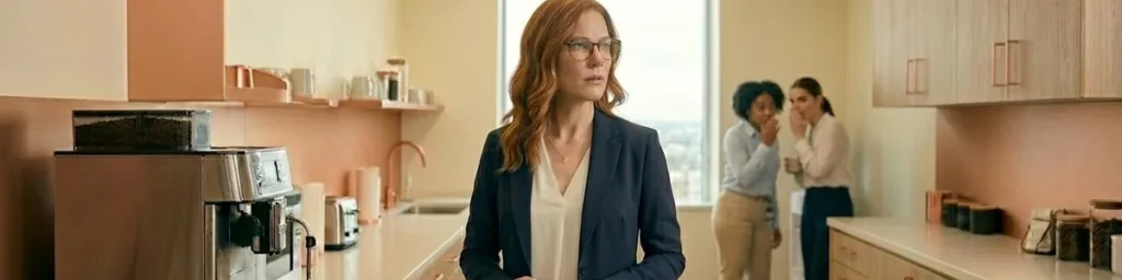 Ozempic comments at work: A professional woman stands in an office breakroom while two colleagues whisper in the background.