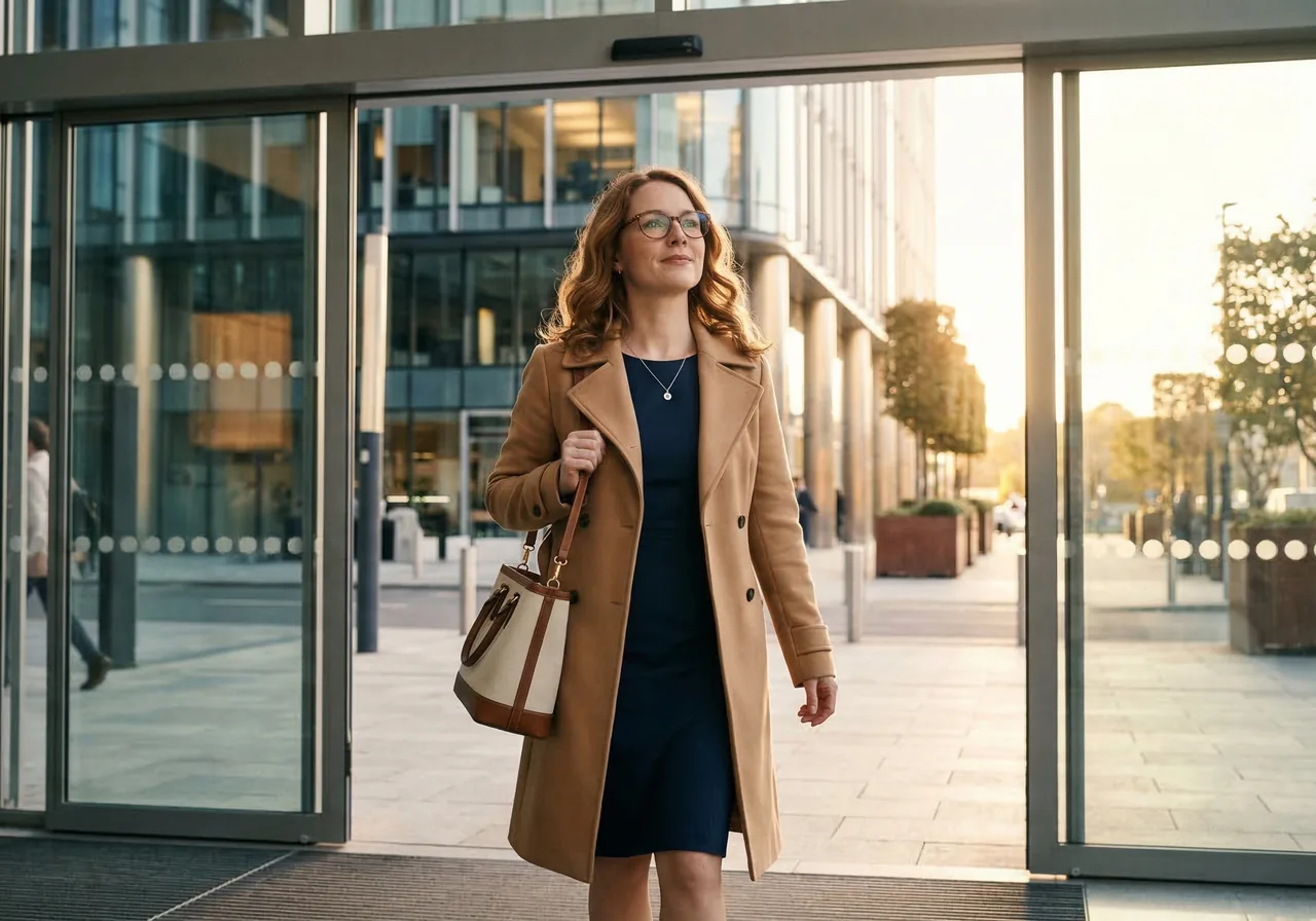 Ozempic comments at work: A woman walks out of an office building into the sunlight, looking peaceful.
