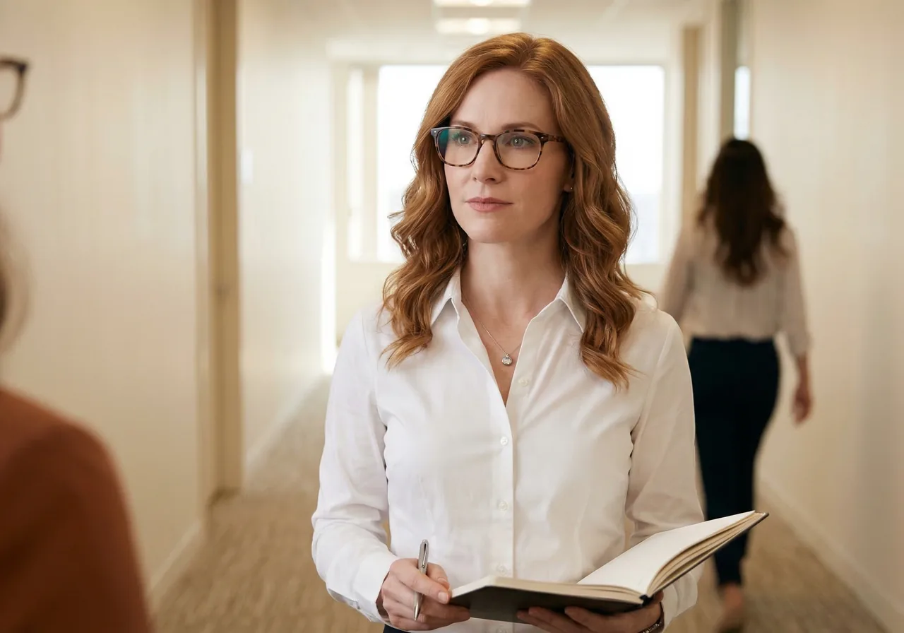 Ozempic comments at work: A professional woman stands in a hallway with a calm, neutral expression.