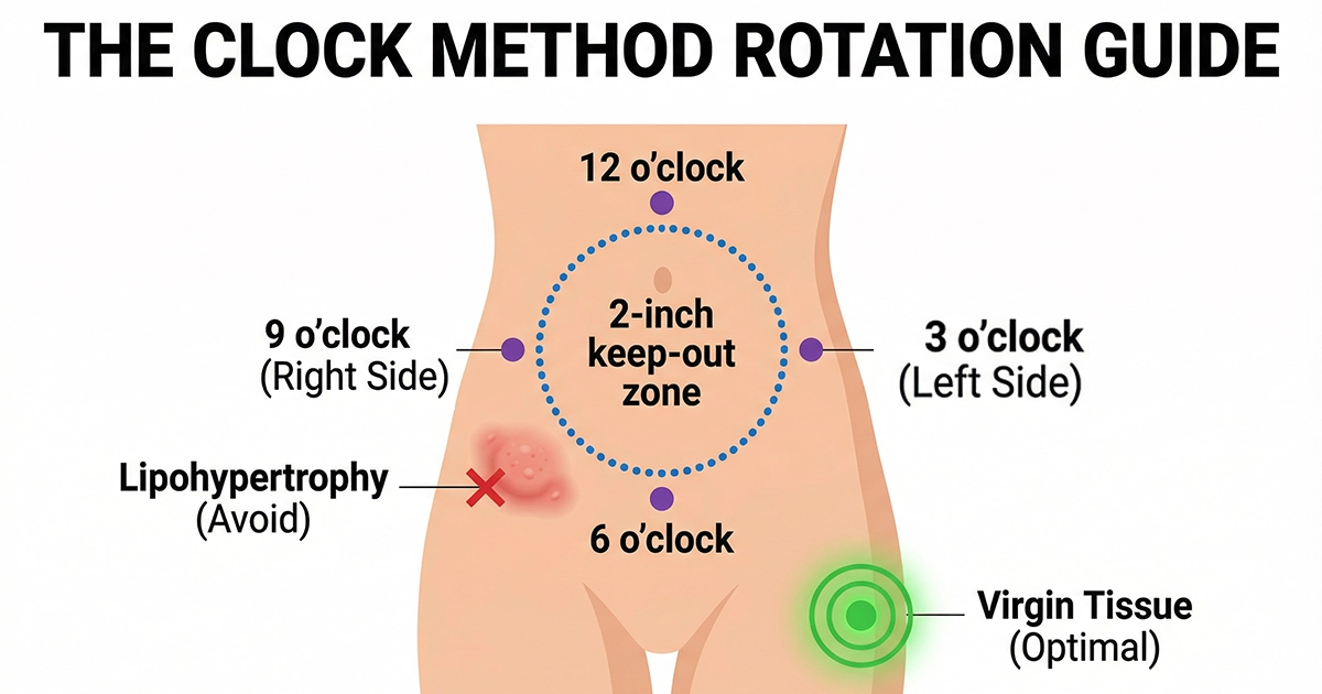 Diagram showing injection site rotation to address absorption when Ozempic stopped working.