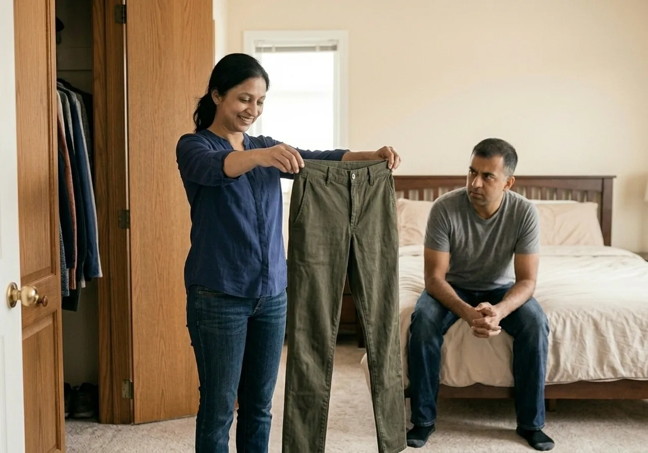 Ozempic Marriage Problems: A woman gets dressed while her husband watches her with a tense expression.