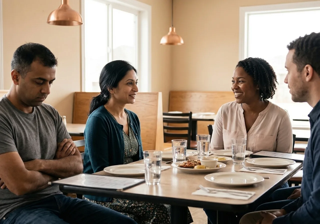 Ozempic Marriage Problems: A woman smiles at friends across a restaurant table while her husband sits beside her looking.
