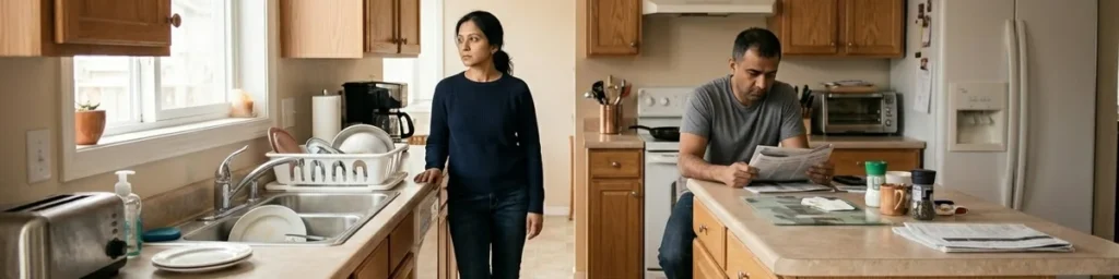 Ozempic Marriage Problems: A woman looks stressed in her kitchen while her husband sits quietly in the background.