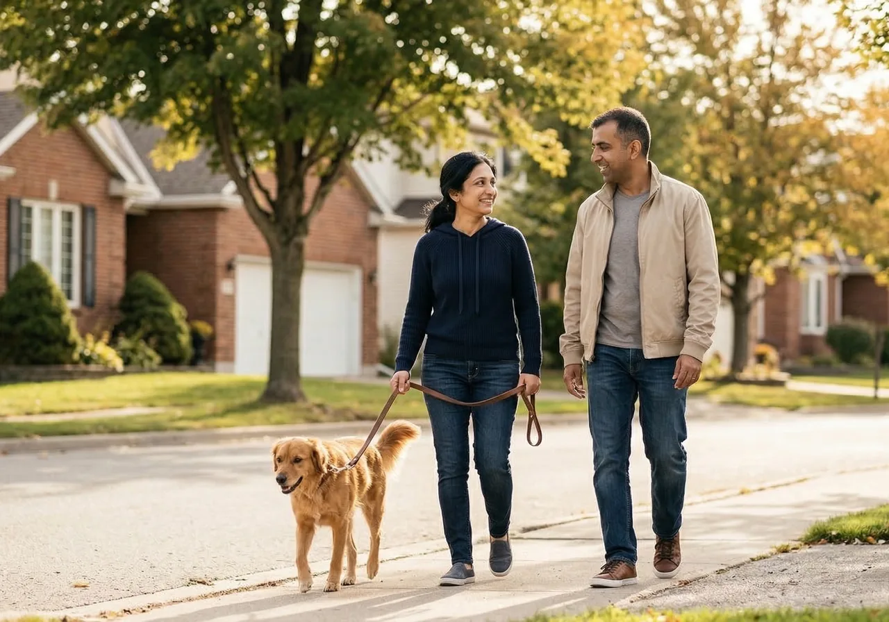Ozempic Marriage Problems: A couple walks their dog together on a neighborhood sidewalk, looking relaxed.