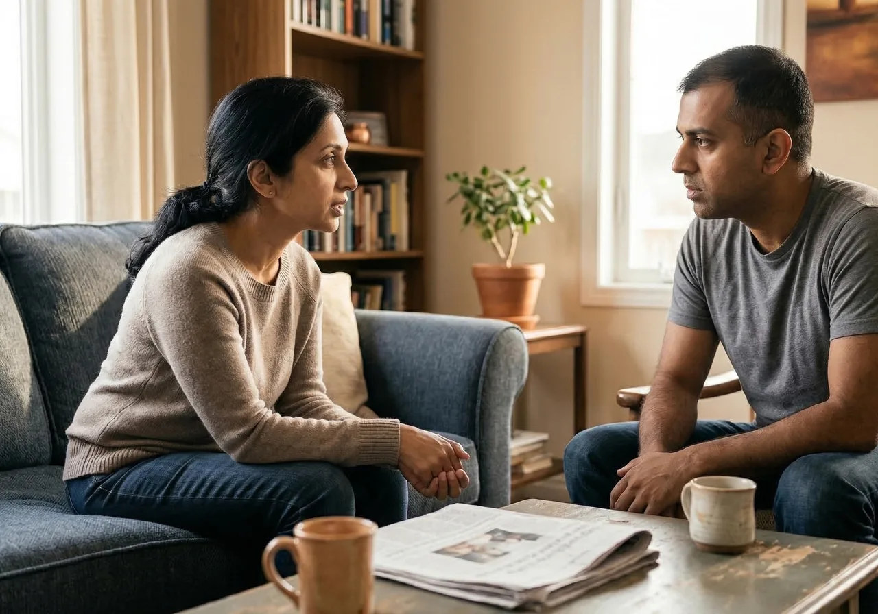Ozempic Marriage Problems: A woman sits on the couch having a serious, calm conversation with her husband.