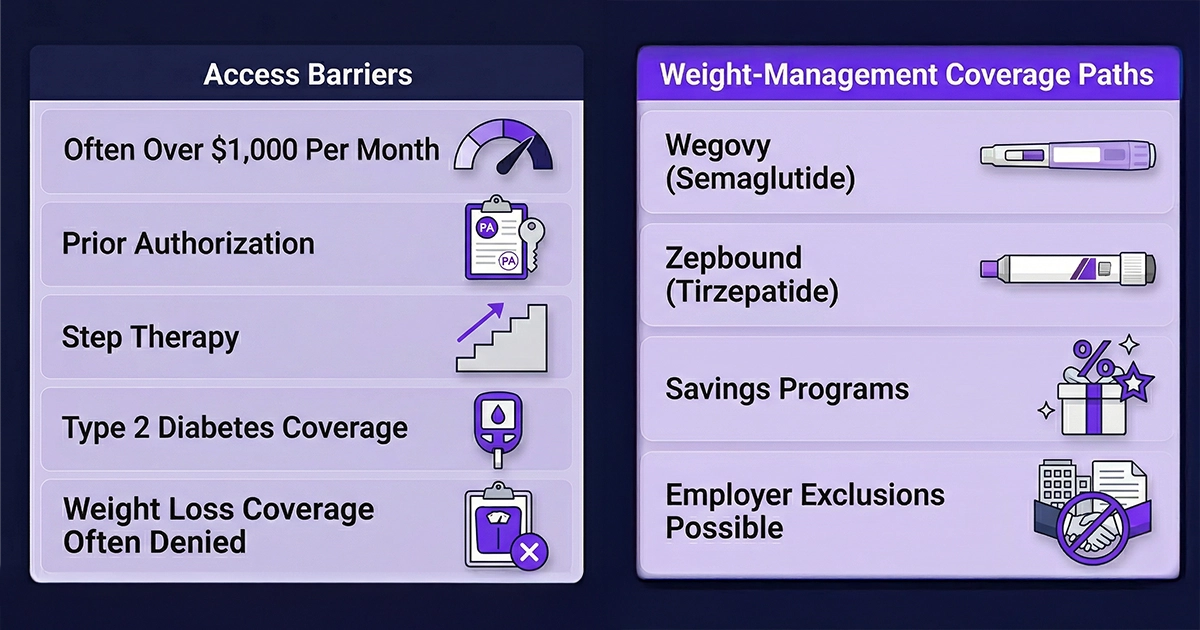 Access and insurance graphic for Ozempic vs. Mounjaro showing prior authorization, step therapy, high cash prices, and weight-management coverage pathways.