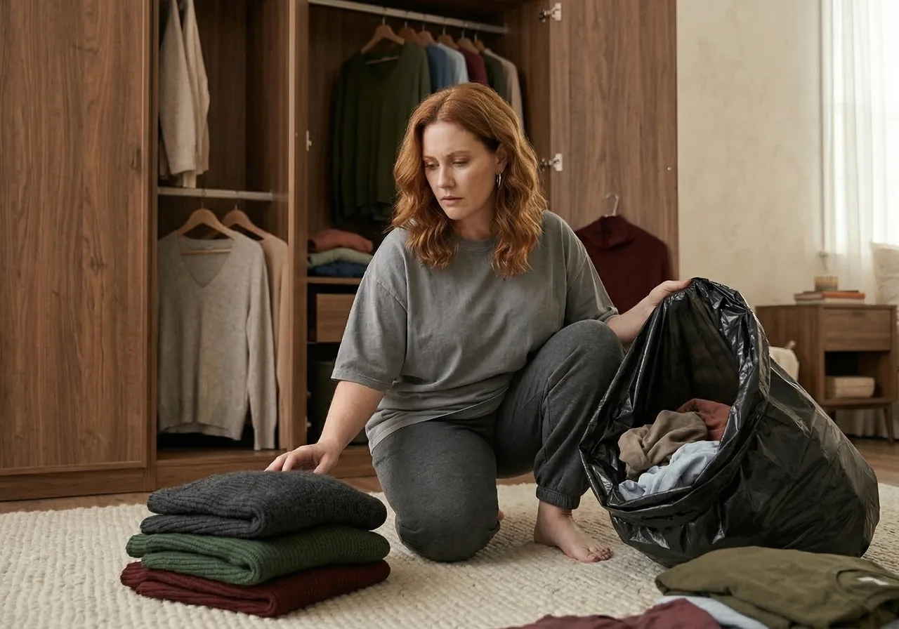 scared to buy new clothes on Zepbound: A woman kneels in her closet holding a trash bag, looking anxiously at a pile of old.