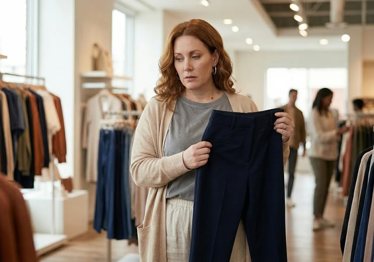 scared to buy new clothes on Zepbound: A woman in a clothing store holds a smaller pair of pants against herself, looking.