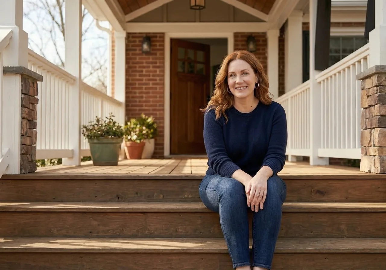 scared to buy new clothes on Zepbound: A woman stands on her front porch in a well-fitting sweater and jeans, smiling quietly.