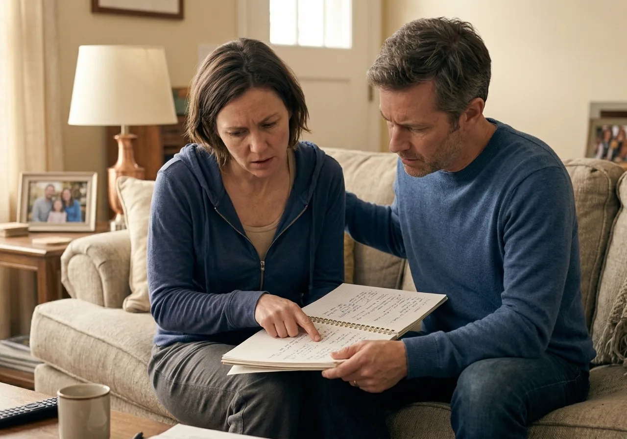 Stopping Ozempic to Get Pregnant: A man and a woman sit on a couch, looking concerned as they read through a notebook.
