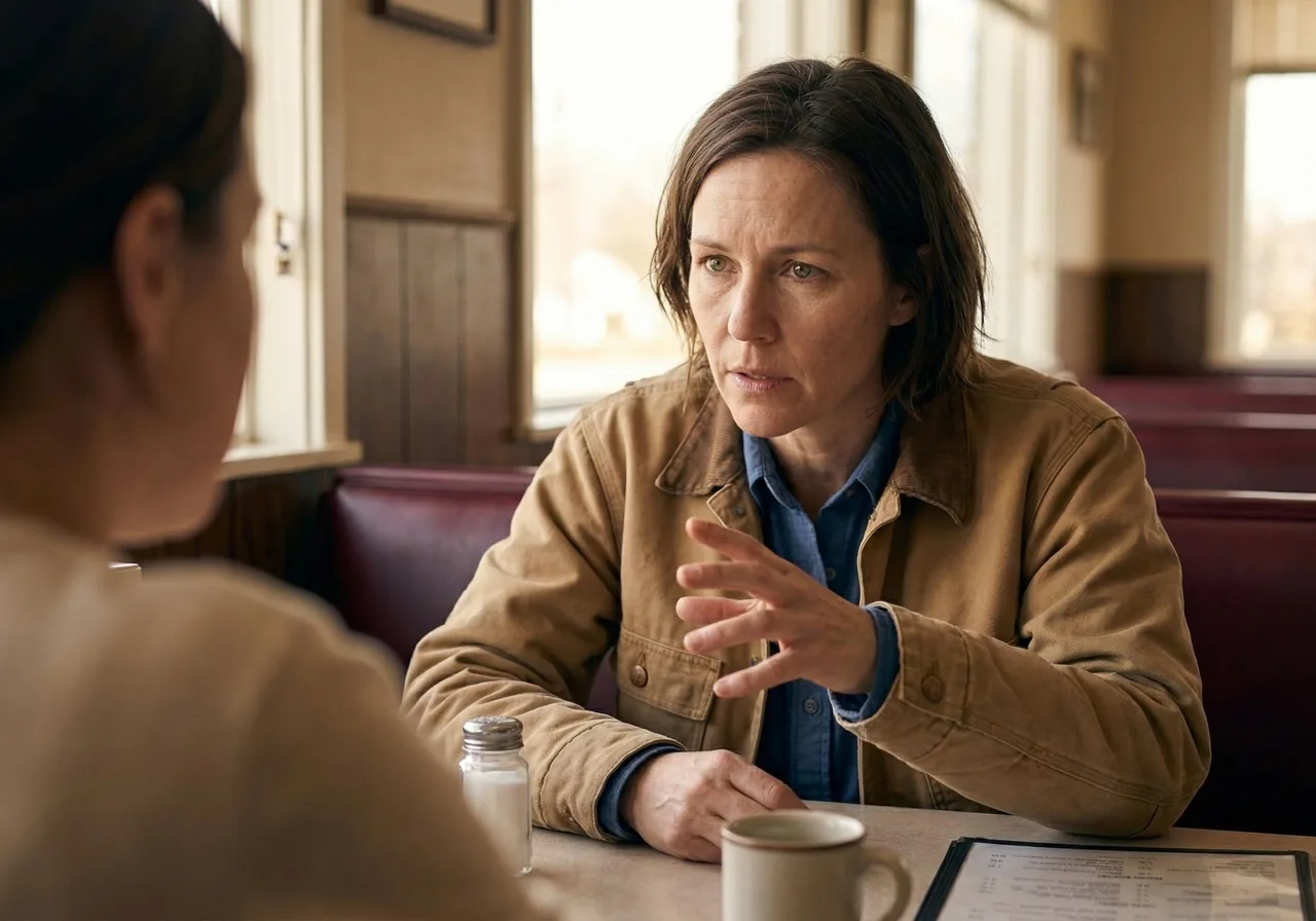 Stopping Ozempic to Get Pregnant: A man in a canvas jacket sits at a diner booth, gesturing earnestly while talking to.