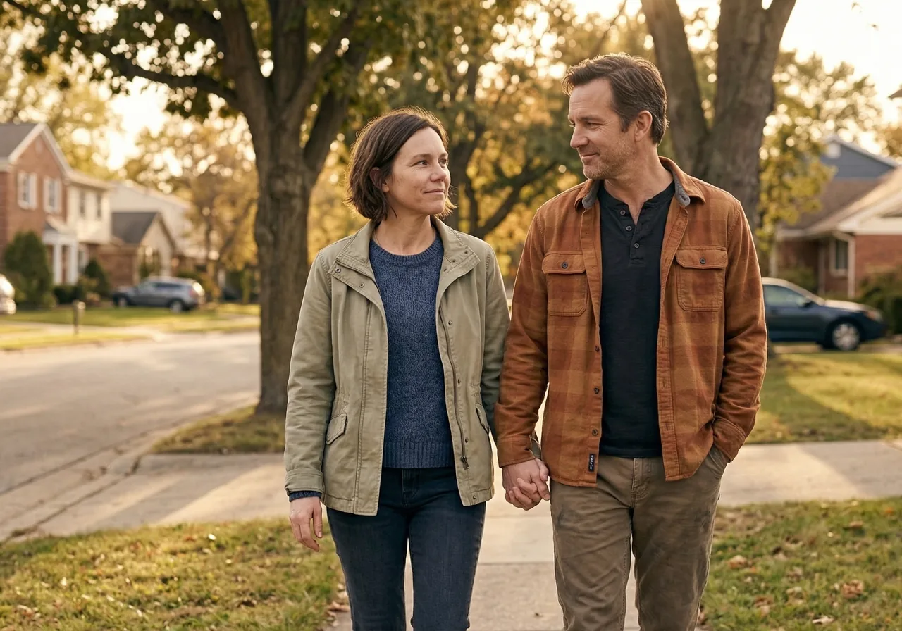 Stopping Ozempic to Get Pregnant: A man and a woman walk hand-in-hand down a suburban sidewalk in the late afternoon, looking.