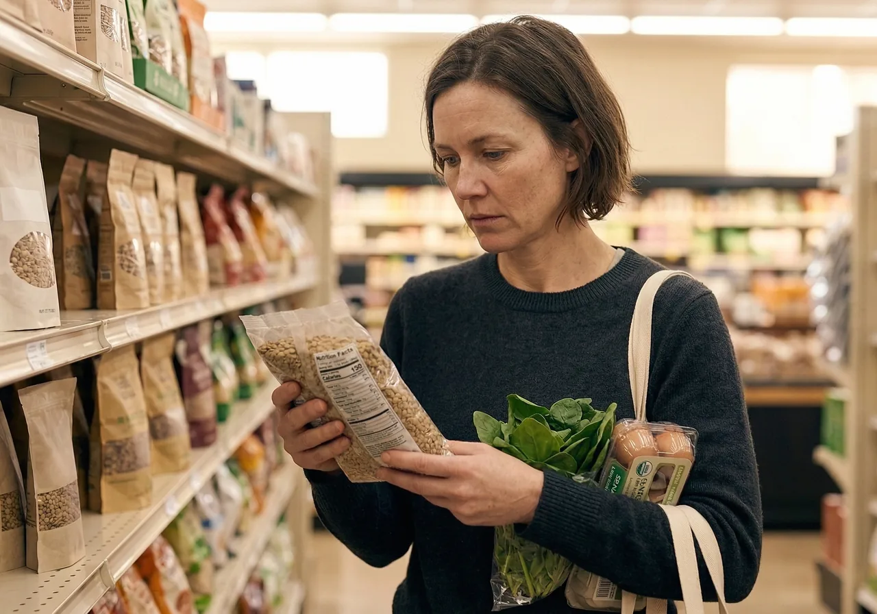 Stopping Ozempic to Get Pregnant: A man in a dark sweater stands in a grocery store aisle, carefully reading the label on.