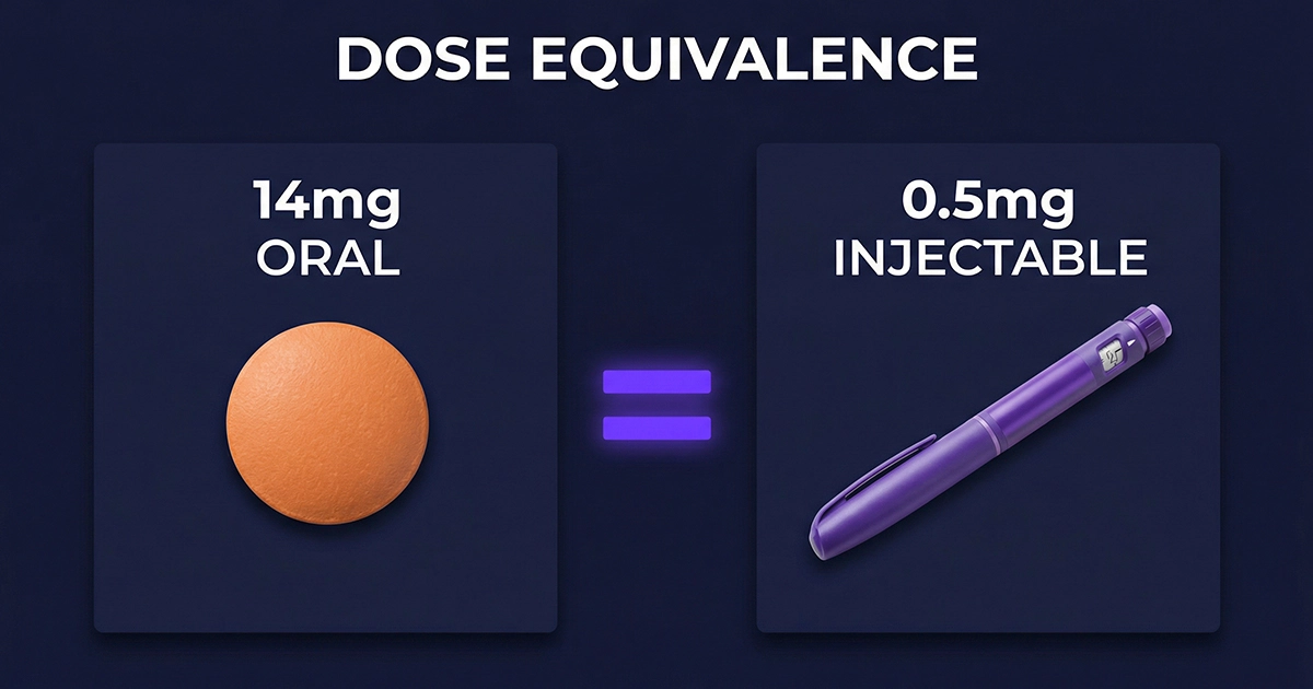 Isometric chart showing dosage equivalents when switching from Rybelsus to Ozempic.